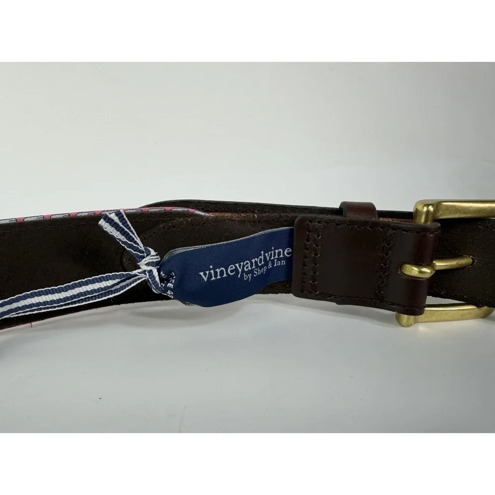 Vineyard Vines Belt Mens 48 Leather Canvas Navy Blue Whale Pink Golf Beach New